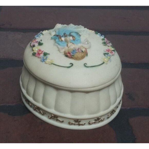 VTG 2001 trinket box angel little girl jewelry box resin ivory blue pink Oval - Picture 5 of 9